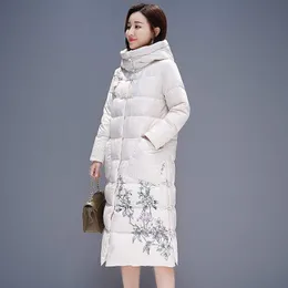 冬のファッション女性中国の国立スタイルダウンジャケットフード付き厚い暖かい女性コートスリムパーカープリントアウターウェア