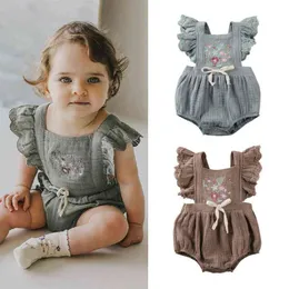 Cute Newborn Baby Girl Clothes Summer Sleeveless Rompers Jumpsuit Baby Girl Ruffles Lace-up Floral Cotton Linen Jumpsuit Outfit G220223