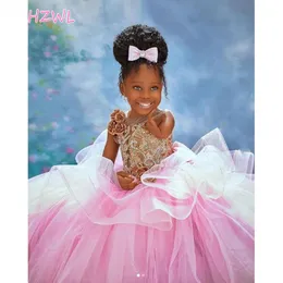 Outh African Różowy Piłka Kwiat Girl Girl Sukienki na ślub 3d Kwiaty Dziewczyny Pagewne Suknie Dziecko Urodziny Dress 2021
