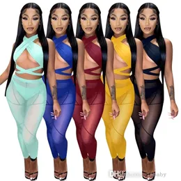 2022 Summer Women Tracksuits Sexy Hollow Out Three Piece Pants Set Neck Hanging Cross Mesh Perspective Splicing Clothing