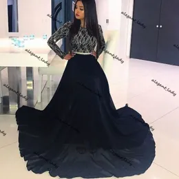 Black Sequins Beaded Prom Caftan Robes Klänning 2021 Mode Långärmad Sweep Train Jewel Neck Muslim Moroccan Evening Gowns