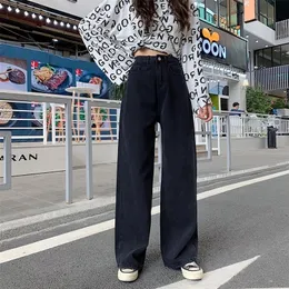 Slapbely kvinna svart jeans vår sommar vintage hög midja bred ben denim lång byxa mode hajuku rakt streetwear 220310