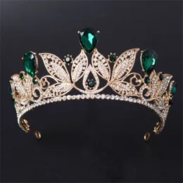 Vintage Green Red Bridal Tiara Fashion Golden Diadem for Women Wedding Dress Hair Jewelry Princess Crown Accessories Y200409
