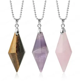 Symmetry Cone Natural Stones Pendants Necklaces Multi Faceted Pyramid Healing Reiki Pink Quartz Crystal Female Jewelry