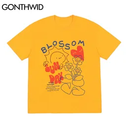 GONTHWID Tees Shirts Harajuku Graffiti Cartoon Flowers Short Sleeve Tshirts Hip Hop Casual Streetwear T-Shirts Cotton Loose Tops 220224