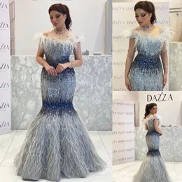 Elegant Beaded Mermaid Evening Dresses Off The Shoulder Neck Sequined Feather Prom Gowns Floor Length Formal Dress