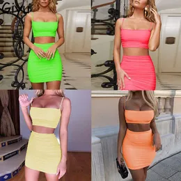 Abito a due pezzi Giyu Sexy Summer Neon 2 Set Women Club Party Mini Bodycon Spaghetti Strap Off Spalla Top Gonna Tuta1