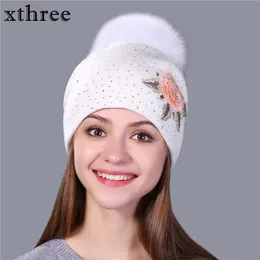 Xthree femmina inverno moda ricamo maglia beanie per le donne reali pelliccia di volpe poma lana skullie cappello ragazze gorro y200102