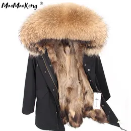 Natürliche Pelz Futter Parka Mantel Echt Pelzmantel Winter Jacke Frauen Natürliche Waschbären Pelz Kragen Warme Dicke Parkas 201212