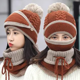 Vinter kvinnors hatt halsduk mask set stickad öron skydd hatt mössa plysch varm vinter kvinnors mössa