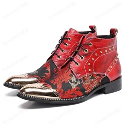 Kırmızı Renk Sivri Burun Lace Up Adam El Yapımı Çivili Oyma Ayakkabı Hakiki Deri erkek Perçinler Düğün Brogue Ayak Bileği Çizmeler