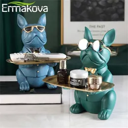 ERMAKOVA Nordic French Bulldog Sculpture Dog Figurine Statue Key Jewelry Storage Table Decoration Gift With Plate Glasses 220104