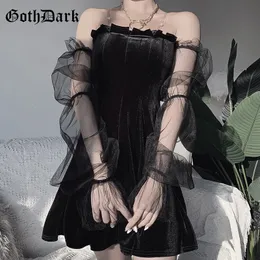 Goth Dark Mesh Vintage Gothic Dresses Egirl Estetisk Transpanent Rem Pläterad Klänning Chic Punk Hip Hop Grunge Emo Chic T200911