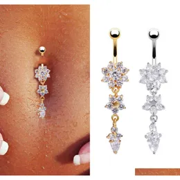Sexy Dangle Belly Bars Button Rings Piercing Cz Crystal Flower Body Jewelry Navel Piercing Drop Mya30