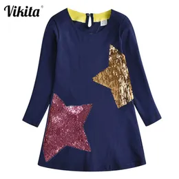 VIKITA Mädchen Pailletten Kleid Kinder Stern Vestidos Kinder Langarm Kleider Herbst Kleinkinder Baumwolle Kleidung Prinzessin Kleid LJ200923