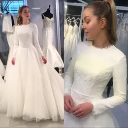 2021 빈티지 긴 소매 웨딩 드레스 Scalloped Jewel Neck 레이스 스윕 기차 얇은 명주 그물 맞춤형 결혼식 신부 가운 Vestidos de Novia