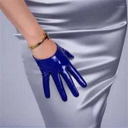 Women'S Patent Leather Gloves Ultra Short PU Simulation Leather Bright Mirror Bright Blue Deep Blue 13cm BL011