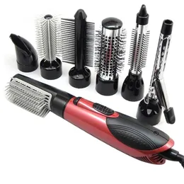 FreeShipping Red Black EU Plug 7 in 1 Multifunction Professional Negative Ion Hair Dryer with Comb Hair Dryer Set Curling Wand Straight Hair