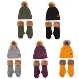 2-teiliges Set für Damen, Winter, mit Kunstfleece gefüttert, warm, Zopfmuster, Bommel, Mütze, Handschuhe, Set 62KE1