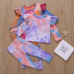 Baby Girl Clothes Tie Dye Flickor Toppar Byxor 2st Set Flying Sleeve Toddler Outfits Boutique Baby Hemkläder 2 färger