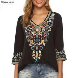 KHALEE YOSE Boho Floral Embroidery Mexican Blouse Shirts Vintage Chic Autumn Blouse Plus Size 2xl 3xl Ethnic Hippie Shirt Blouse H1230