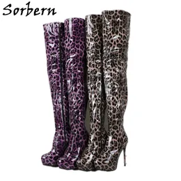 Sorbern Leopard Patent Mitte Oberschenkel Hohe Stiefel Frauen Unsichtbare Plattform Schuh High Heels Stilettos Custom Fit