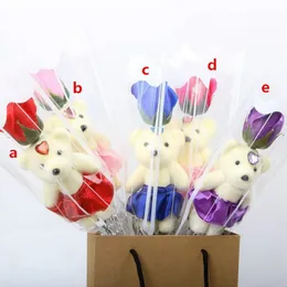 Single Bear Soap Flower Bear Simulation Artificial Flower Rose Single Rose for Valentines Day Party Single Bouquet Gift FY2448