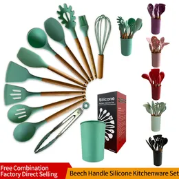 Kitchen Cooking Pot Set Kitchen Accessories Beech Handle Silicone Kitchenware Set Cooking Utensils 6 Colors Sale