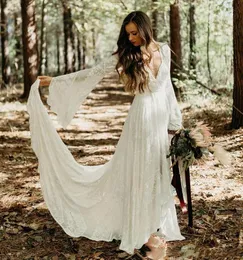 Rustykalny Kraj Koronki Linia Suknia Ślubna Długi Pociąg Czeski Suknie Ślubne Z Flare Pełne Rękawy Ivory Boho Beach Bride Suknie Ślubne 2022 Robe de Mariee Vestidos