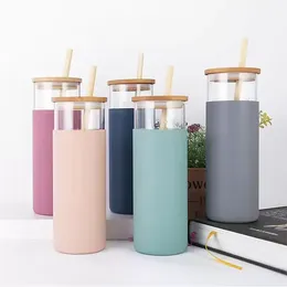 5 Colors 500ml Glass Tumbler 16oz Glass Cup Travel Water Bottle With Silicone Protective Sleeve Bamboo Lid & Straws BPA FY5138 0315