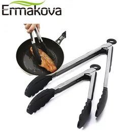 Ermakova 2 pcs / set 9-inch12-polegada cozinha preta silicone tong anti-pau de aço inoxidável salada de salada servindo pão BBQ Tong 201118