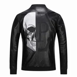 Skull Rhinestones PU Jackets Men Black High Street Stand-Neck Zipper Rib Sleeve Streetwear Motorcycle Faux Leather Coats 201114