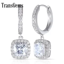 Transgems 14K 585 Oro blanco 2.8CTW 6MM F color Cuadrado Cojín Corte Moissanite Halo Pendientes de aro con detalles para mujeres Y200620