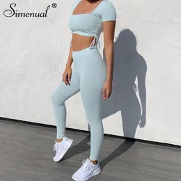 Simenual Sportswear Fitness Workout Zweiteilige Sets Frauen Kurzarm Kordelzug Trainingsanzüge Geraffte Push-Up Top Und Leggings Set T200607