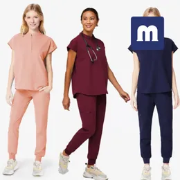 Medigo-001女性の2ピースパンツ女性スクラブトップス+パンツ男性病院ユニフォーム手術スクラブシャツ半袖看護師ユニフォームペットグレーの解剖学医師のワークウェア