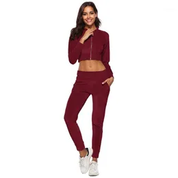 Running Sets Sexy 2 Pieces Women Tracksuit Autumn Zipper Sportswear Long Sleeve Crop Top+Long Pant Leisure Sweat Suit Gym Fitness Set