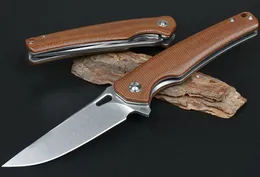 Högkvalitativ kullager Fast Öppna Flipper Folding Kniv D2 Stone Wash Drop Point Blade Flax + Stål Sheethandle EDC Knives