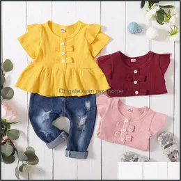 Kläder set baby barn baby, moderskapsflickor kläder barn ruffle flyghylsa toppar+hål denim byxor 2 st/set sommar modebutik