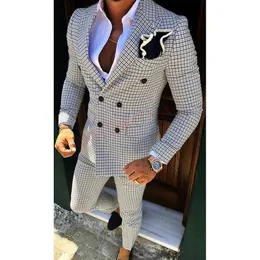 2020ファッション格子メンズスーツスリムフィットプロムのウェディングスーツ男性グルーミングタキシードジャケットパンツセットカスタムホワイトカジュアルメンブレザー