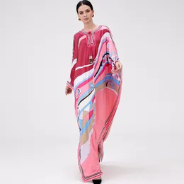 Women's Runway Dresses O Neck Lace Up Batwing Sleeves Split Printed Loose Design Fashion Maxi Long Robes Vestidos