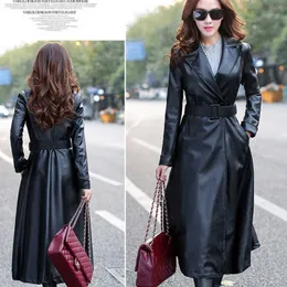 レディースレザーのフェイク黒と赤の色の長い春の厚い女性コートスリーブウエストストラップポケットの女性のジャケット1