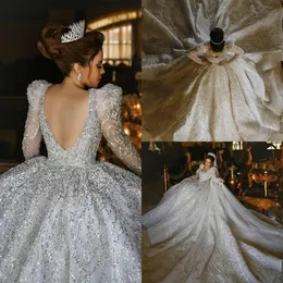 Sparkly Arabiska Dubai Ball Gown Bröllopsklänningar 2022 Beaded Långärmad Crystal Vestido de Noiva Bridal Gowns
