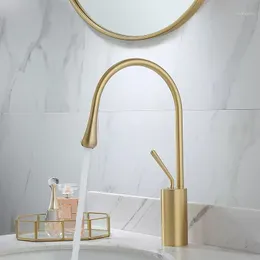 Bathroom Sink Faucets LIUYUE Basin Brushed Gold/White Brass Drop Shape Faucet Large Curved Cold Water Mixer Tap1