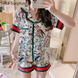 Silka Surplus Print Pajama Sets Sexy Silk Satin Pijama Loose Casual Sleepwear Short Sleeves Top Nightwear Mujer Loungewear T200707