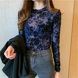 Korean Fashion Mesh Women Blouses Womens T-shirt Floral Office Lady Shirt And Blouse Long Sleeve Blusas Largas Plus Size Xxxl