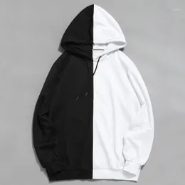 Långärmade huvtröjor herr Huva Halv Svart Halv Vit Coola Vanliga Hoddies Herr Patchwork bomullströja Man Hoody Mode Dam1