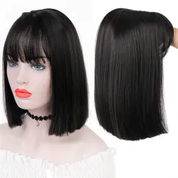 Short Straight Wigs with Air Bangs for Girls Synthetic Wigs Black Bob Wig Heat Resistant Cosplay Daily Use Hair