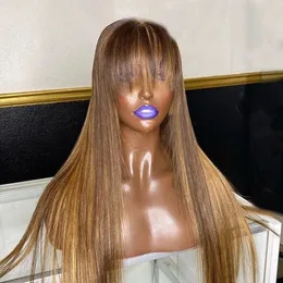 Glueless Highlight Honey Blonde 360 ​​Spets Frotal Human Hair Wig Pre Plucked med Bangs Indian Remy HD Transprent Fringe Wigs