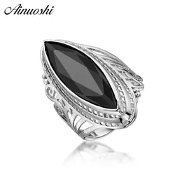 AINUOSHI Exaggrate 925 Sterling Silber Hochzeit Verlobung Big Halo Schwarz CZ Ringe Jahrestag Marquise Cut Ringe Frauen Schmuck Y200106