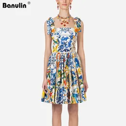 Runway kobiety letnia sukienka łuk Spaghetti pasek Backless niebiesko-biała porcelana kwiatowy Print Mini sukienka Vestido Mujer Verano1